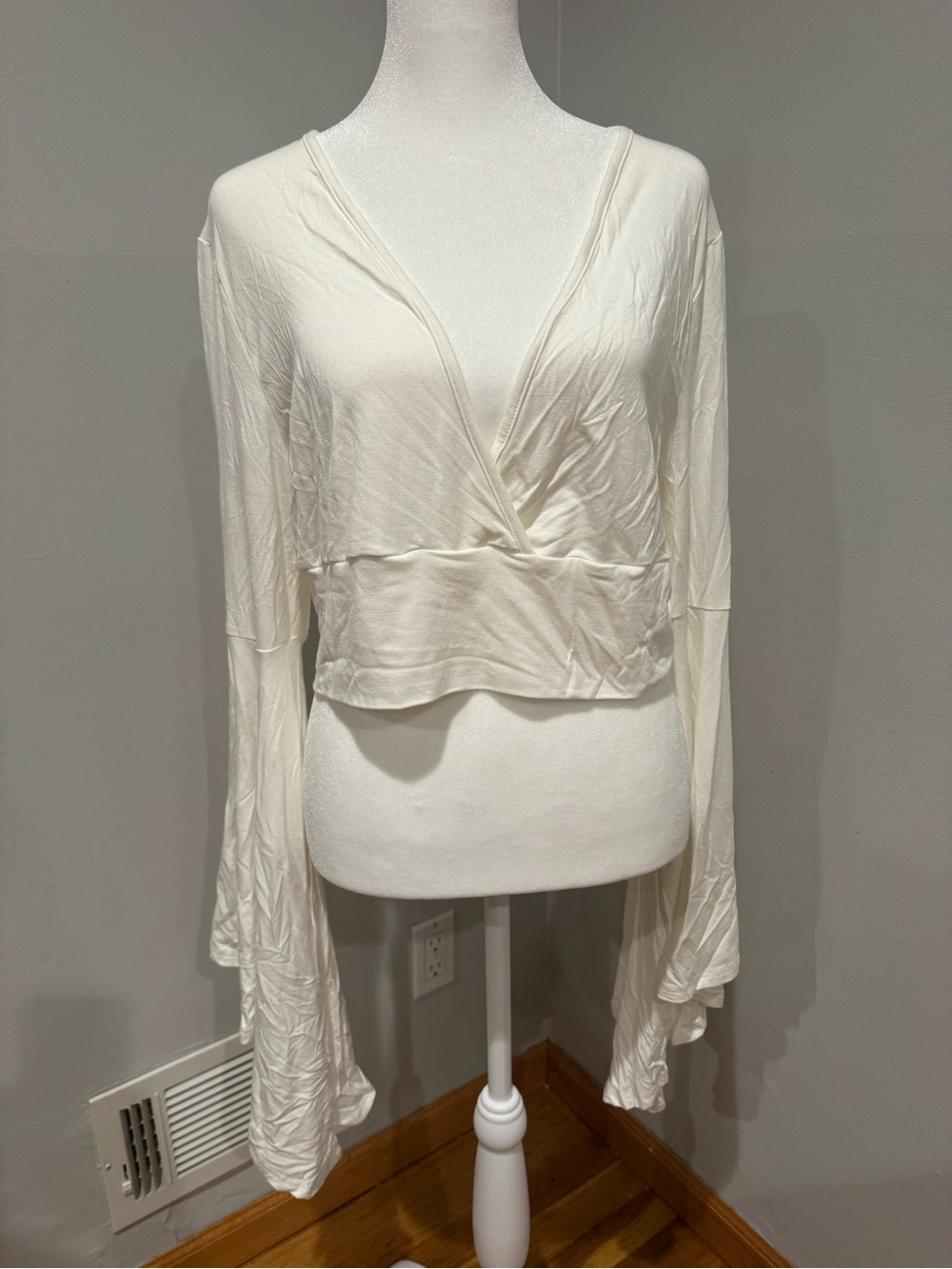 Women's White Wrap-Front Long Sleeve Top